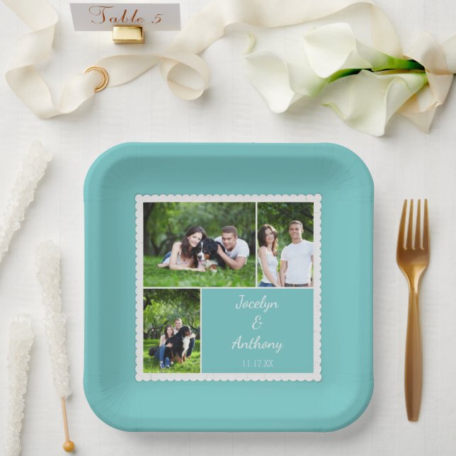 Custom Photo Teal Blue and White Wedding Paper Plate (Wedding)