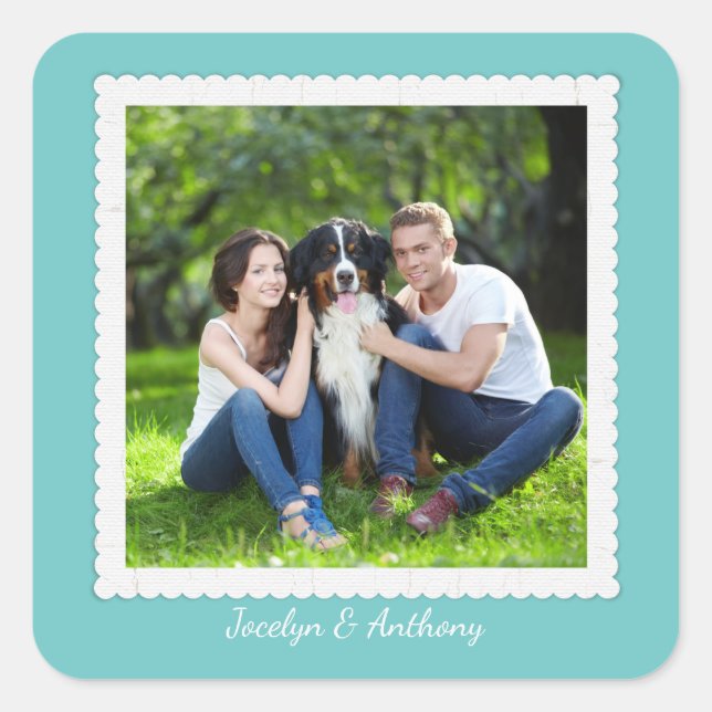 Custom Photo Teal Blue and White Wedding Square Sticker (Front)