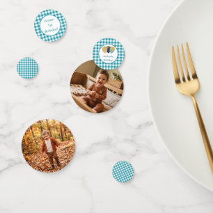 Custom Photo Teal Blue Gingham Balloons Birthday Confetti