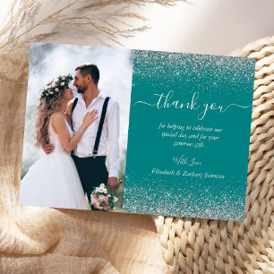 Custom Photo Teal Blue Silver Glitter Wedding Thank You Card