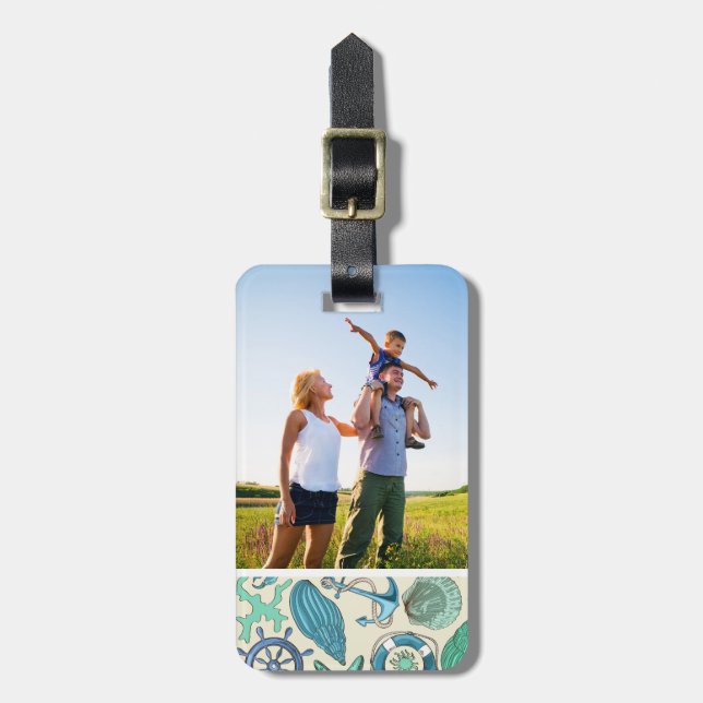 Custom Photo Teal Sea Animals Pattern Luggage Tag (Front Vertical)