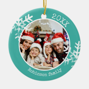 Custom Photo Teal Snowflake Ceramic Ornament