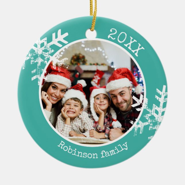 Custom Photo Teal Snowflake Ceramic Ornament (Front)