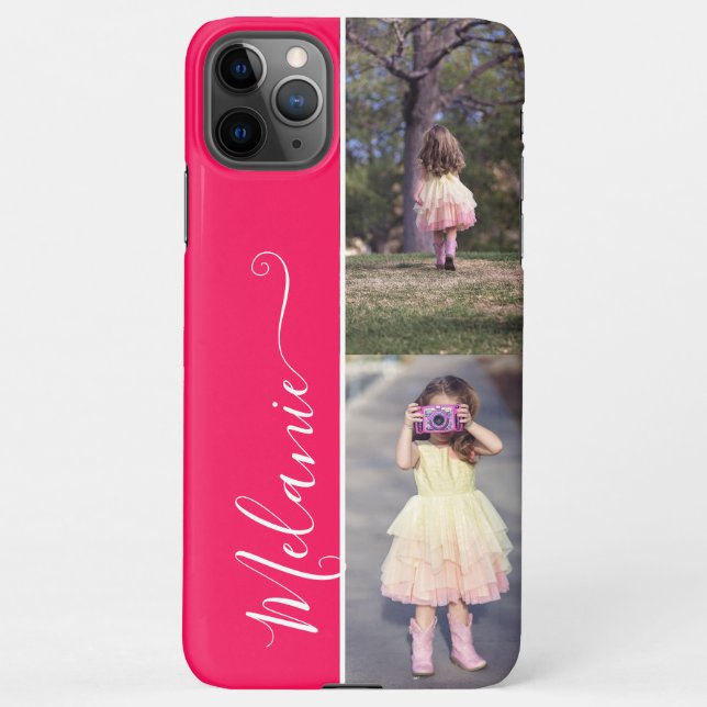 Custom Photo Template 2 Vertical Photos Name Pink iPhone Case (Back)
