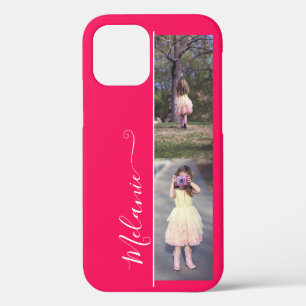 Custom Photo Template 2 Vertical Photos Name Pink iPhone 12 Case