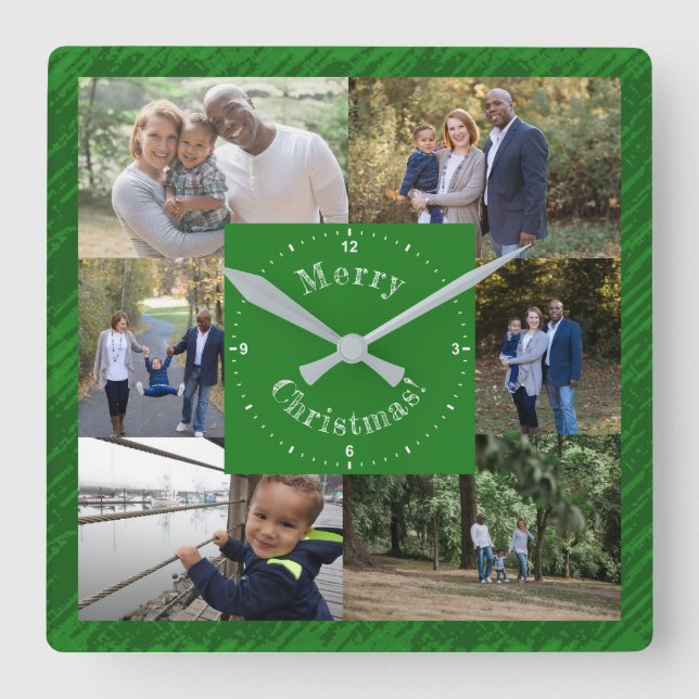 Custom Photo Template 6 Family Photos Dark Green Square Wall Clock (Front)