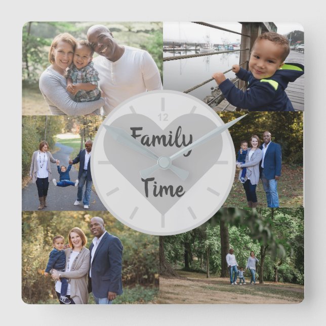 Custom Photo Template 6 Photos Family Time Grey Sq Square Wall Clock (Front)