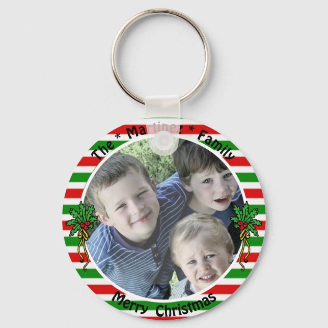 Custom Photo Template Red Green Stripes Mistletoe Key Ring (Front)
