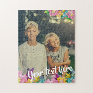 Custom Photo Text Animated Flowers and Butterflies Jigsaw Puzzle