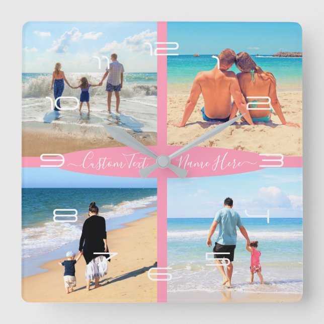 Custom Photo Text Collage Family Love Personalised Square Wall Clock (Front)