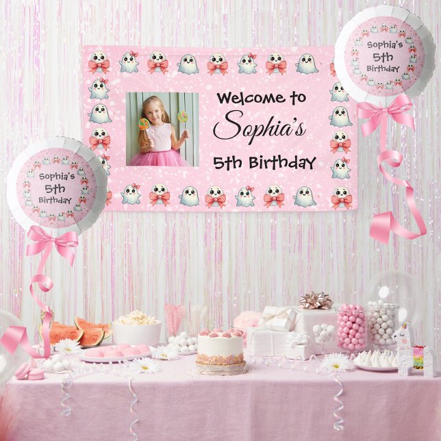 Custom Photo/Text Cute Ghost Theme Kids Birthday  Banner (Creator Uploaded)
