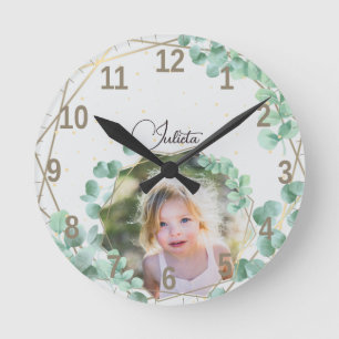 Custom Photo + Text   Elegant Geometric Greenery Round Clock