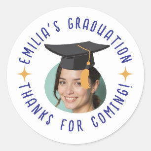 Custom Photo Text Graduation Hat Thank You Party  Classic Round Sticker