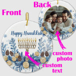Custom photo & text Hanukkah Festival of Lights  Ceramic Ornament<br><div class="desc">Introducing the Personalised Hanukkah Menorah Ornament! This round ceramic ornament is perfect for adding a festive touch to your Hanukkah celebrations. The front features a beautifully illustrated menorah with lit candles, surrounded by blue and white foliage, dreidels, and Stars of David. The text “Happy Hanukkah” is prominently displayed at the...</div>