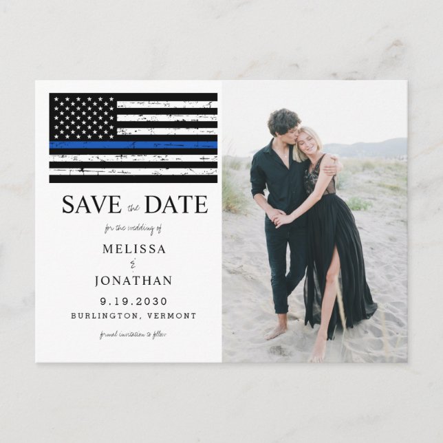 Custom Photo Thin Blue Line Police Wedding Announcement Postcard (Front)