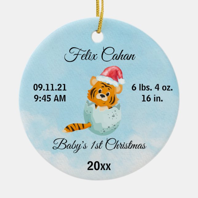 Custom Photo Tiger Baby's Boy First Christmas 2023 Ceramic Ornament (Front)