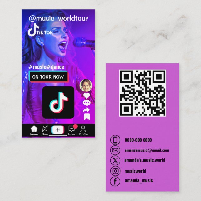Custom photo tiktok social media icons and QR code Business Card (Front/Back)