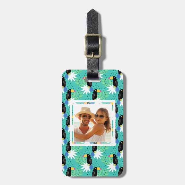 Custom Photo Toucans On Teal Luggage Tag (Front Vertical)
