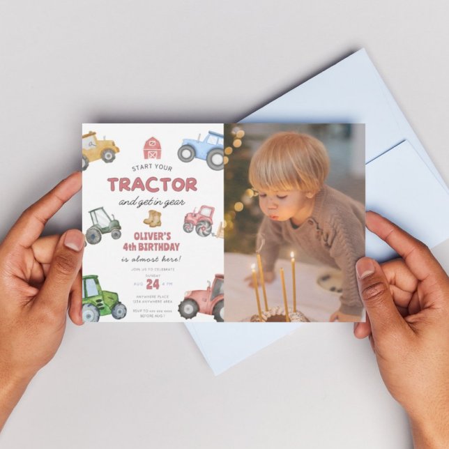 Custom photo tractor 4th birthday invitation (Creator Uploaded)