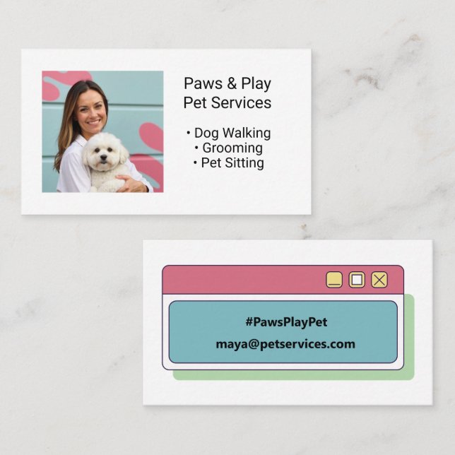 Custom Photo Trendy Dog Pet Services Editable Text Business Card (Front/Back)