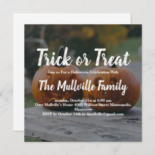 Custom Photo Trick or Treat Pumpkin Halloween Invitation