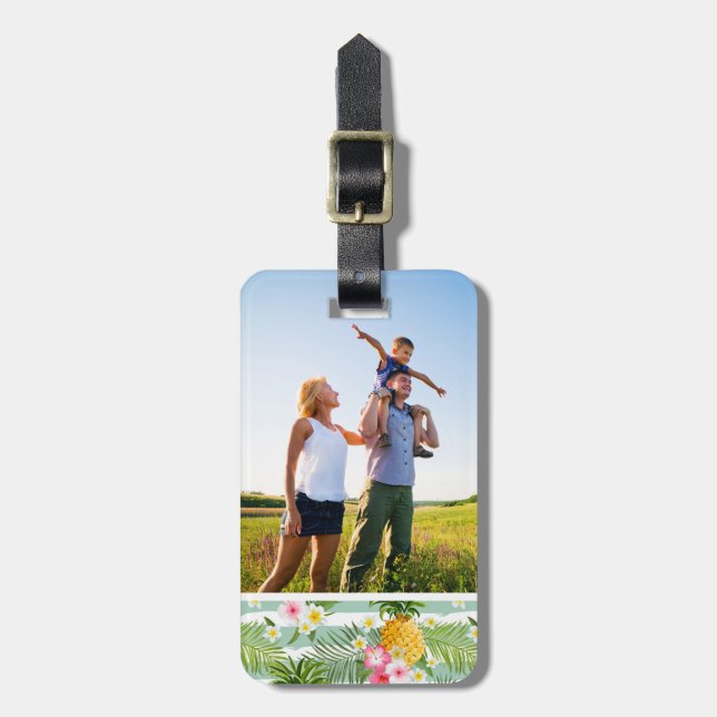 Custom Photo Tropical Flowers & Pineapple Stripes Luggage Tag (Front Vertical)