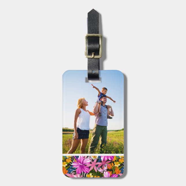 Custom Photo Tropical leaves and flowers Luggage Tag (Front Vertical)