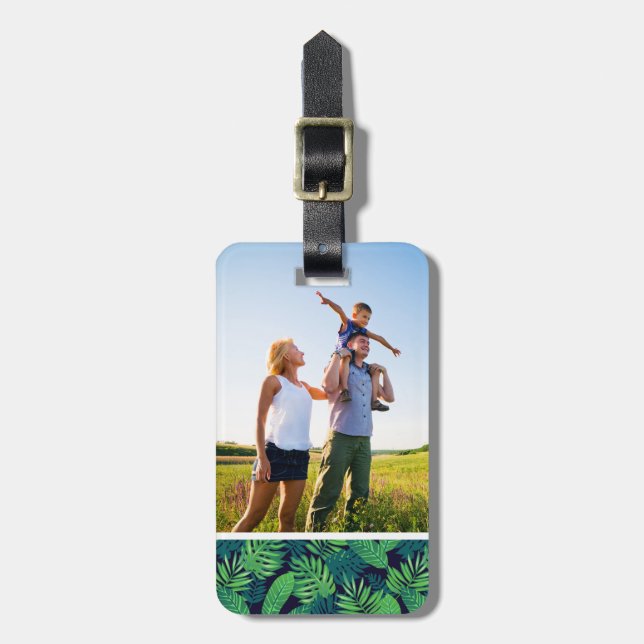 Custom Photo Tropical Leaves Pattern Luggage Tag (Front Vertical)
