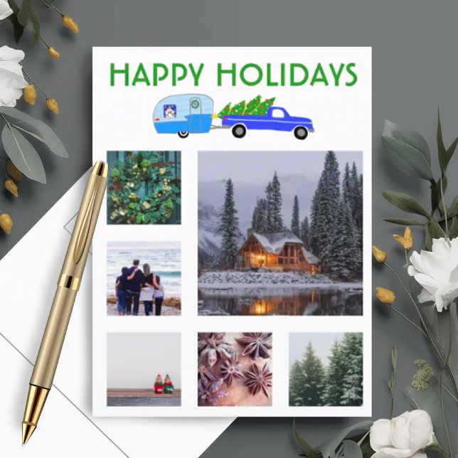 CUSTOM PHOTO Truck Camper Christmas Holiday Postcard (Custom photo holiday postcard with cute camper and truck.)