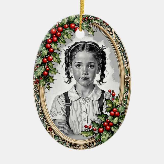 Custom photo two-sided holly framed Christmas Ceramic Ornament (Front)