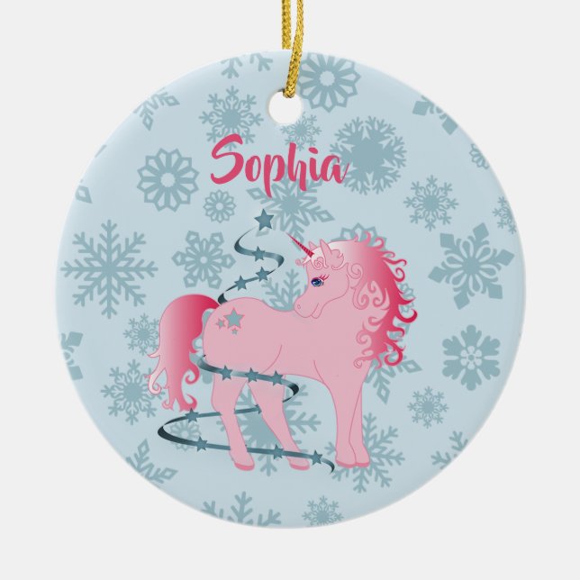 Custom Photo Unicorn Pink Cute Girl Christmas Ceramic Ornament (Front)