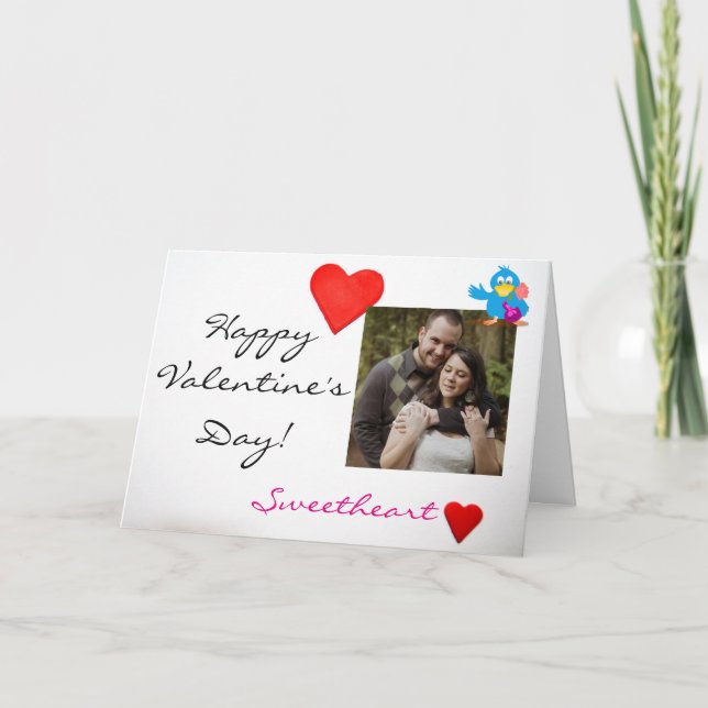 Custom Photo & Valentine's Day Love Bird (blue) Holiday Card (Front)