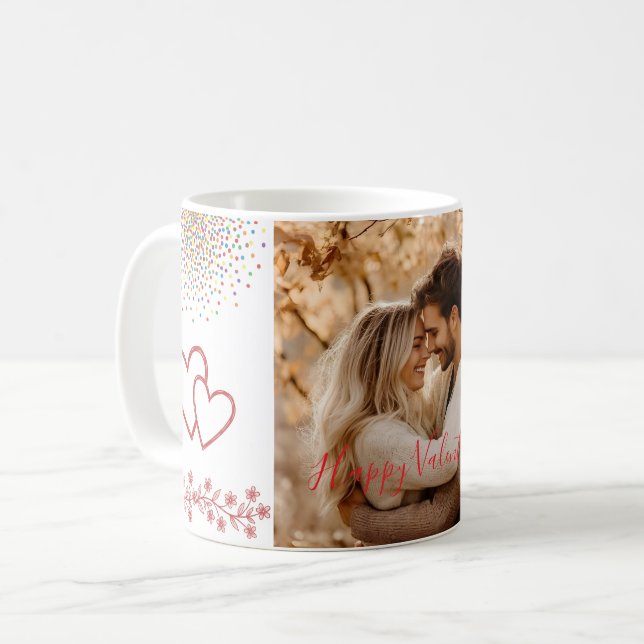 Custom Photo Valentine's Day Red Hearts & Florals Coffee Mug (Front Left)