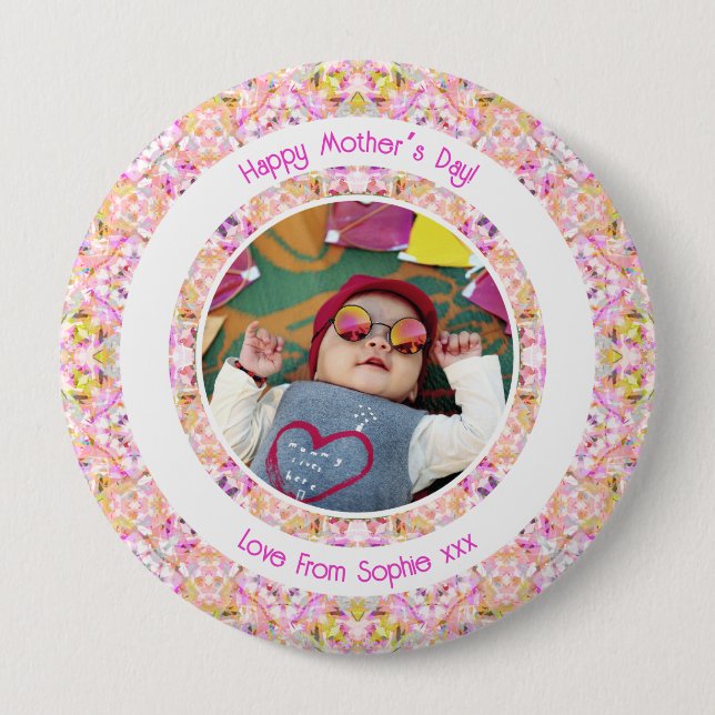 Custom Photo Vibrant Pink Happy Green Mother’s Day 10 Cm Round Badge (Front)