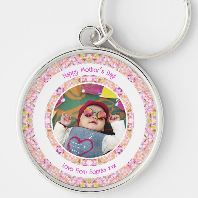 Custom Photo Vibrant Pink Happy Green Mother’s Day Key Ring (Front)