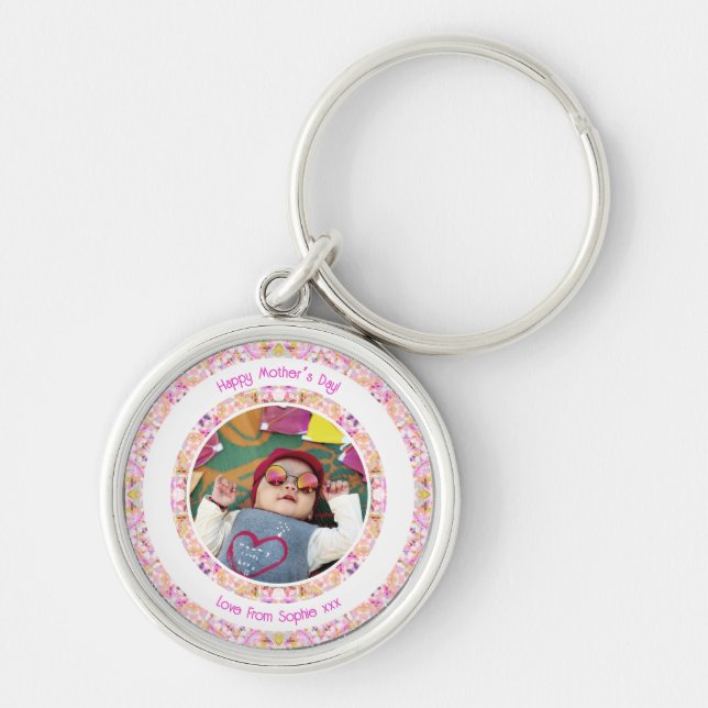 Custom Photo Vibrant Pink Happy Green Mother’s Day Key Ring (Front)