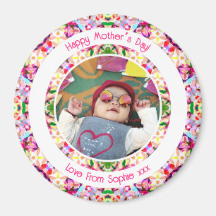 Custom Photo Vibrant Pink Happy Green Mother’s Day Magnet
