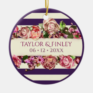 Custom Photo Vintage Modern Floral Striped Wedding Ceramic Ornament