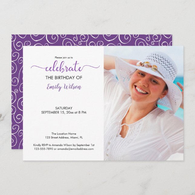 Custom Photo Violet Pattern Birthday Invitation (Front/Back)