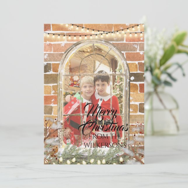 Custom Photo Watercolor Christmas Window Frame Holiday Card (Standing Front)