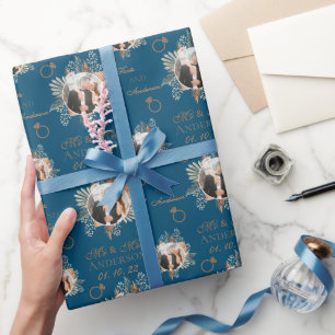 Custom Photo Watercolor Floral Mr & Mrs Navy Blue Wrapping Paper