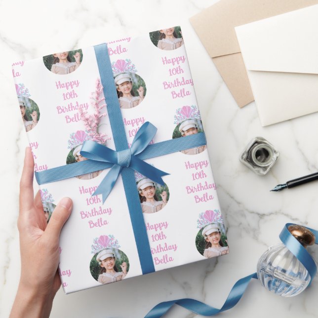 Custom Photo Watercolor Mermaid Crown Birthday Wrapping Paper (Gifting)