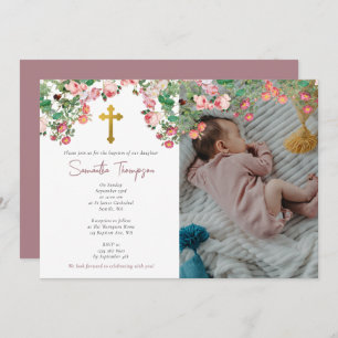 Custom Photo Watercolor Rose Garden Girl Baptism Invitation