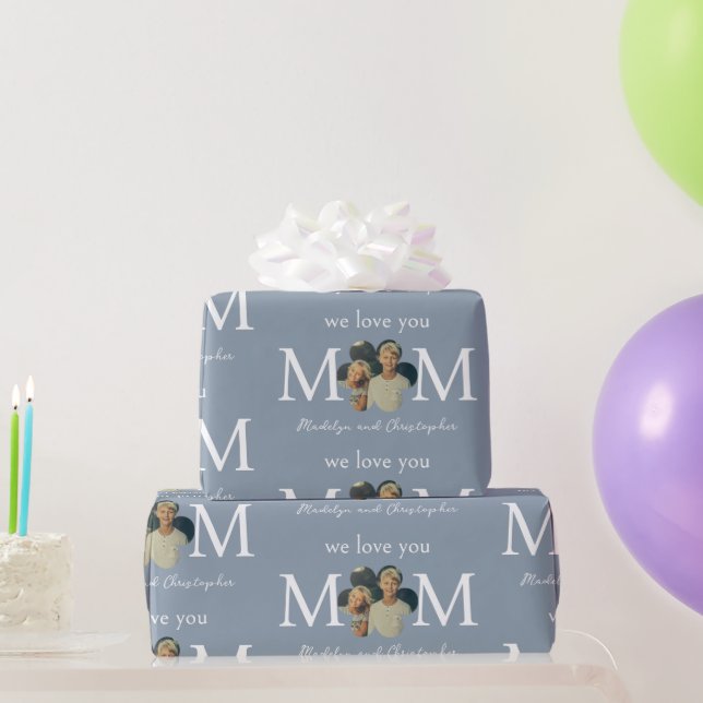 Custom Photo We Love You Mum Blue Mother's Day Wrapping Paper (Party Gifts)