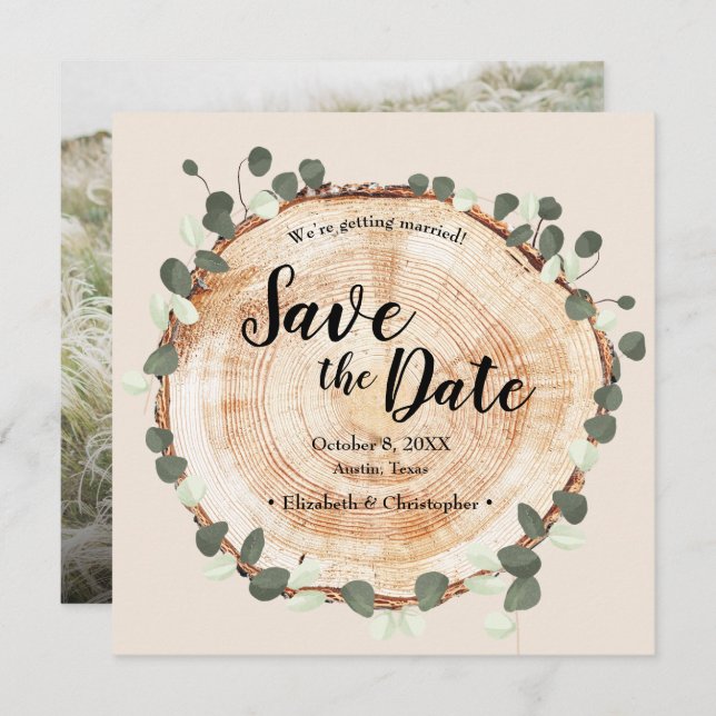 Custom Photo website wood grain eucalyptus Wedding Save The Date (Front/Back)