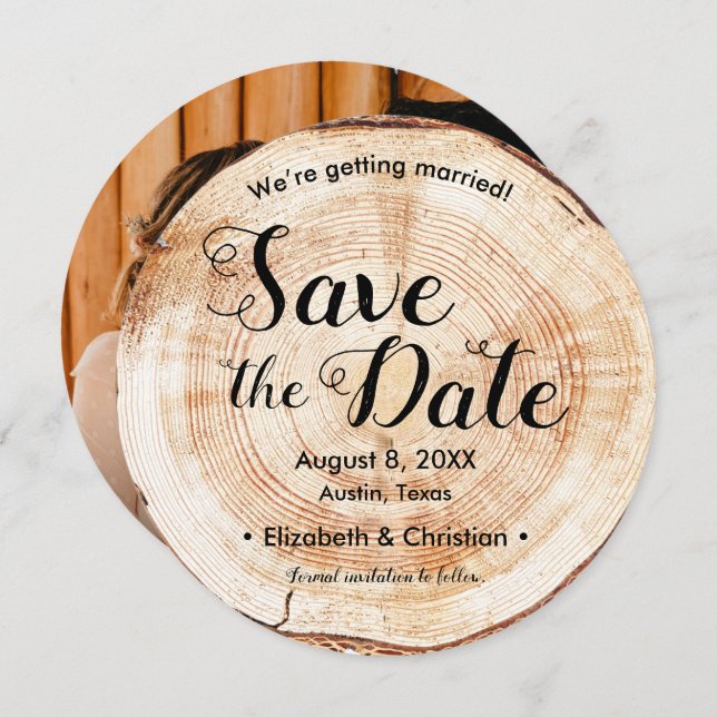 Custom photo website Wood Slice Rustic Wedding  Invitation (Front/Back)