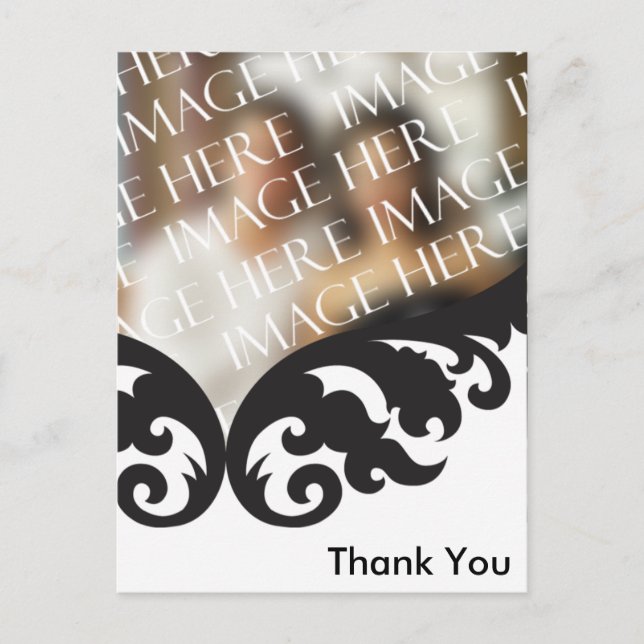 Custom Photo Wedding Thank You Black White Damask Postcard (Front)