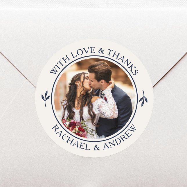 Custom Photo Wedding Thank You Navy Cream Classic Round Sticker (Creator Uploaded)