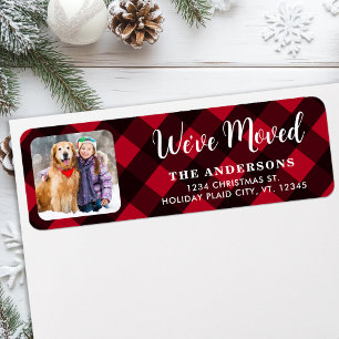 Custom Photo We've Moved Red Plaid Return Address  Return Address Label