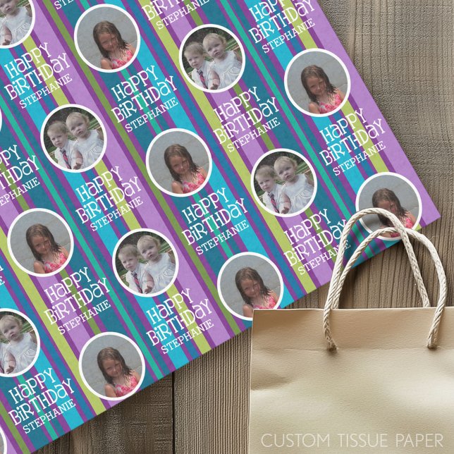 Custom Photo Whimsical & Colourful Birthday Stripe Tissue Paper (Custom Tissue Paper)